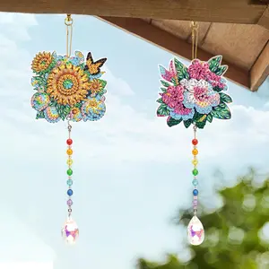DIY Diamond Art Painting Wind Chime Kit, Flower Pattern Hanging Ornament, DIY Decorative Pendant for Home Garden Window, Hangable, Butterfly Flower Design, Floral Hanging Decoration