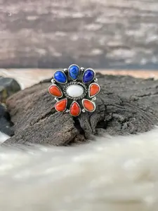 Handmade Sterling Silver 4th Of July Collection: Coral with Lapis and White Buffalo Adjustable Ring "Signed Nizhoni" (7)