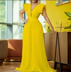 oveimgs Women's Summer Ruffle Short Sleeve Dressy Wide Leg Jumpsuit Pleated Long Pants Rompers