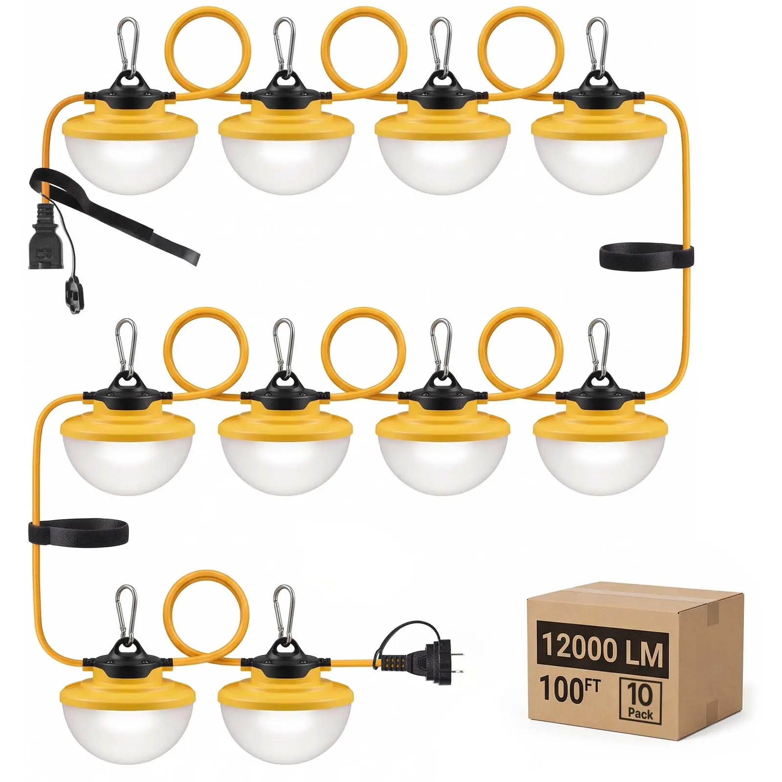 VEVOR Construction String Lights 100FT 100W 10 Bulbs LED String Work Lights, IP65 Waterproof Linkable LED Temporary Jobsite Lighting, 5000K 12000LM, for Construction Site Crawlspace Renovation, 2 Pack