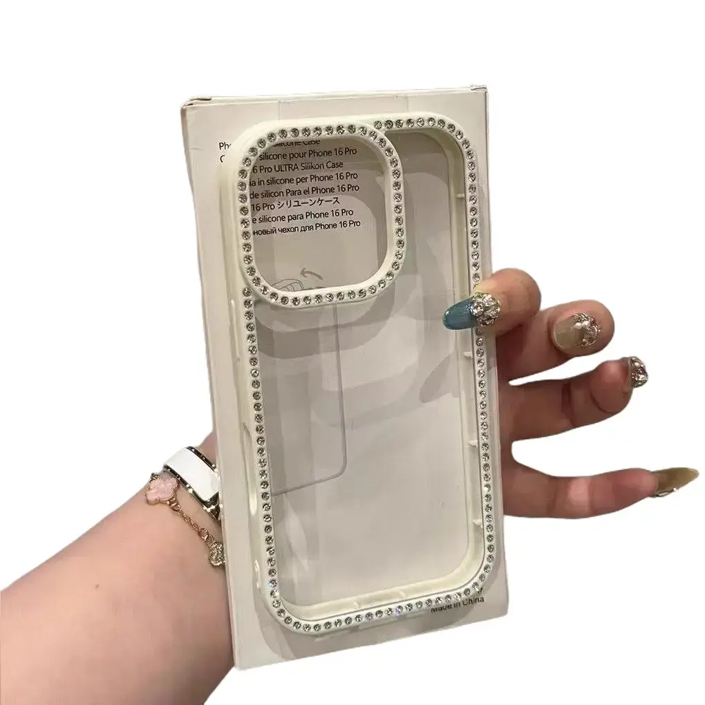 Double Sided Rhinestone Border Clear Phone Case, Luxury Bling Diamond Frame Shockproof Cover for iPhone 17promax 17Air 16plus 15pro 14promax 13 12promax，clear transparent back shows your phone’s original look