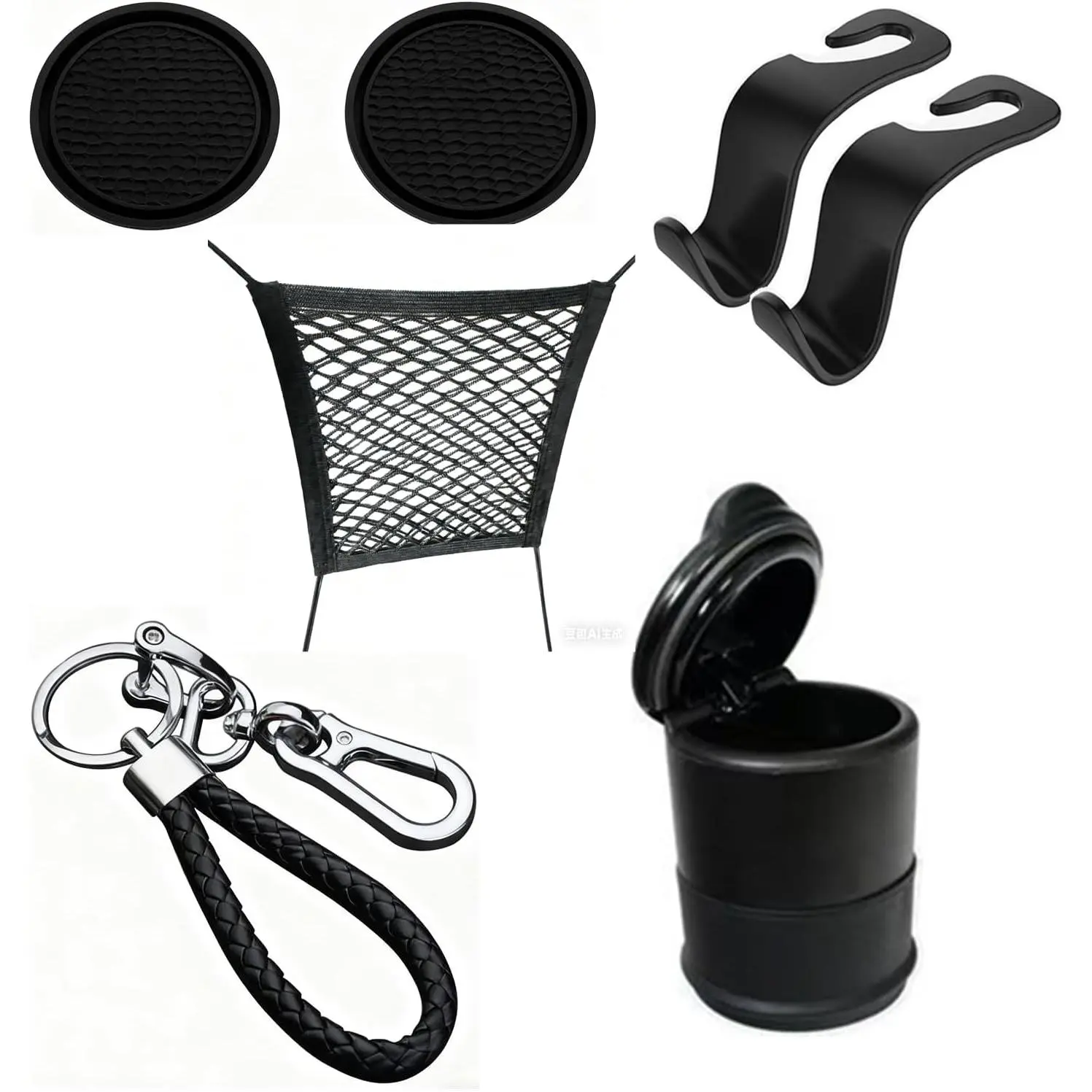 7 Pcs Car Interior Accessories Kit, Auto Interior Organizer Kit with Seat Back Hooks, Silicone Cup Holder Coasters, Cargo Net, Car Ashtray Trash Can, Keychain for Vehicle Truck SUV (7PCS)