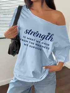 Plus Size Women's off Shoulder Top with Strength Graphic Print, Stylish Short Sleeve Blouse for Daily Wear, Lightweight Fashionable Top