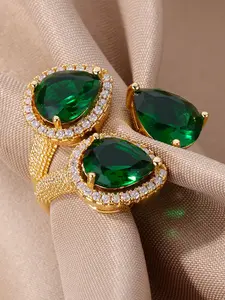 Vintage Court Style Emerald Ring, 18k Gold Plated Three Stone Opening Ring, Micro Diamond Trim, Exaggerated Party Evening Finger Ring