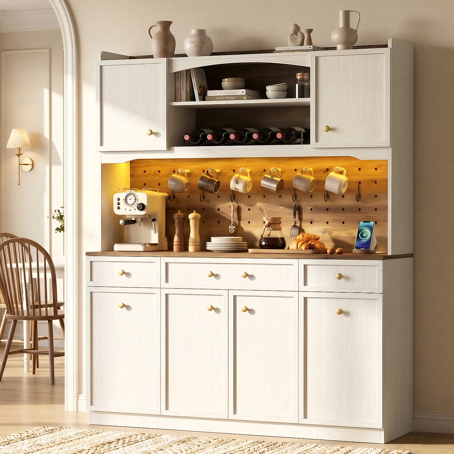 Hauoms 72.9" Kitchen Pantry Cabinet with Charging Station, LED Lights | 55.2"W, chasing-LED, pegboard, tilt-out, 33.5" ergonomic height, drawers, fridge-door, wine rack, tall pantry hutch