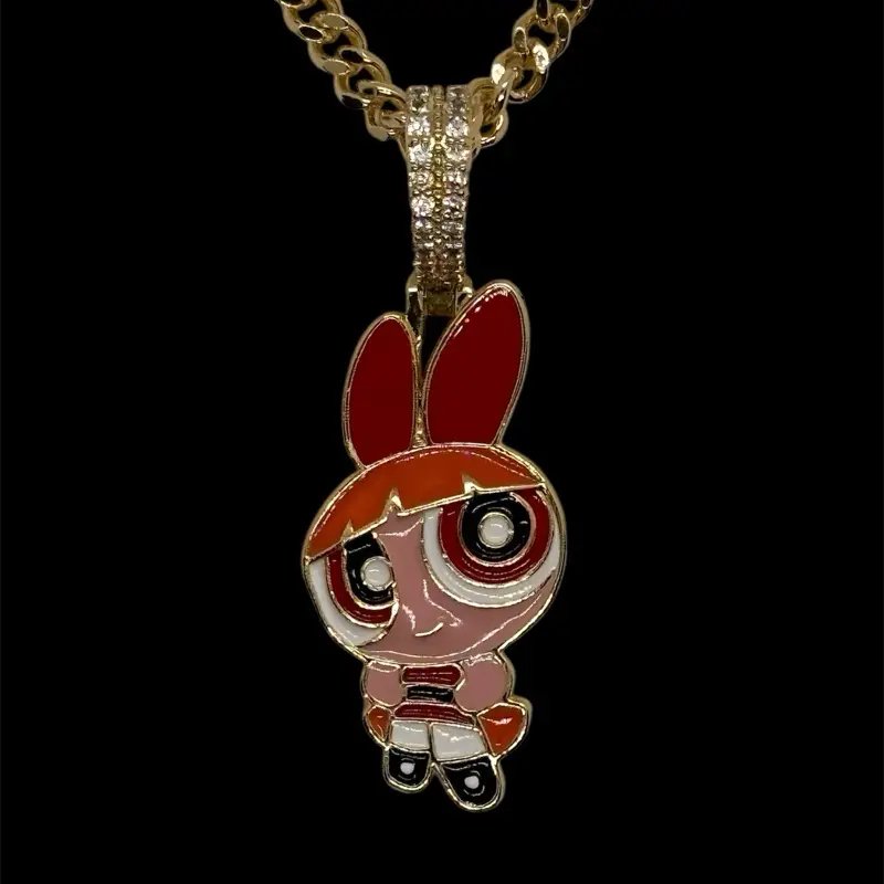 14k Gold Plated Powerpuff Girls Blossom Necklace with Cubic Zirconia - Cadena de Chicas Superpoderosas Bombon Oro Laminado Cubic Zirconia