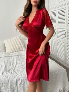 Sleeping dress, women's ice silk sleepwear, summer with chest cushion, sexy lace plus size thin dress Ladies' solid color lace patchwork bow tie V-neck elegant home nightgown