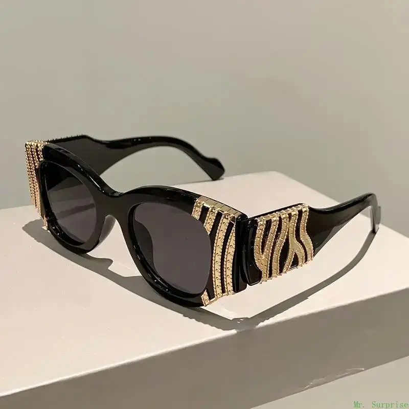 Female Punk Chic Blue Light Block Eyewear Fashion - Women's Oversized Cat Eye Statement Glasses, 2-Tone Brown-Black Semi Rimless Natural Material, Metallic Decorative Accents, Gradient Mirrored Natural Lens, Avant-Garde Accessory with Cleaning Cloth, Blue