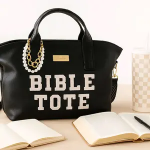 God Vibez Black Faux Leather Bible Tote with Pearl Bag Charm and Gold Hardware