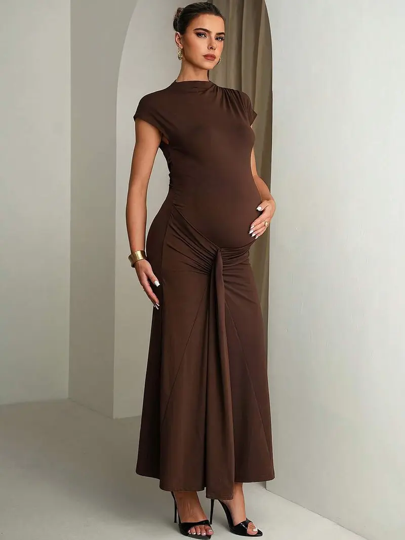 brown maternity dress Gold Asymmetric Maternity Gown with tulle Train, Gender Reveal Dress Medium / Cocoa