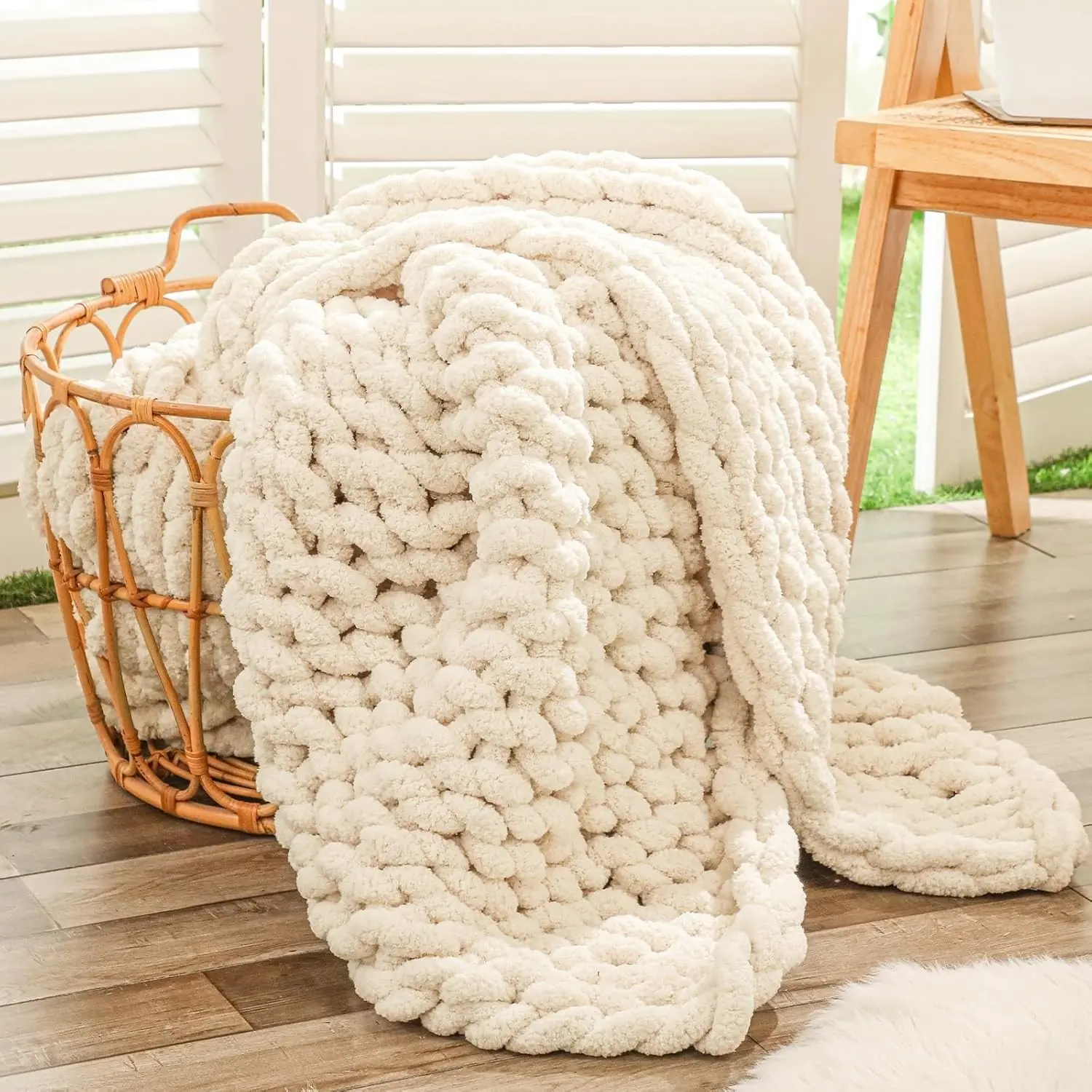 Chunky Knit Throw Blanket for Couch, 40x60 inches, Beige | Hand Knit with Jumbo Chenille, Soft Breathable Cable Knit for Sofa Bed Living Room, Machine Washable, Gift for Mom Friend