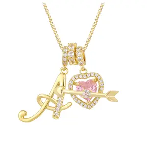 Initial Necklace for Women, Personalized Letter A Heart Pendant with Cupid's Arrow, Pink Crystal Heart Necklace, Sparkling Cubic Zirconia Jewelry Gift for Girls & Women