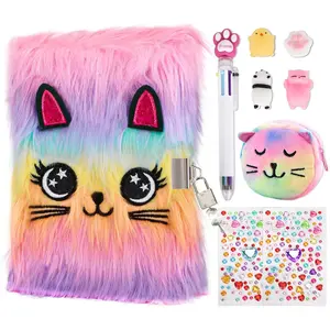 Cat Diary with Lock and Keys for Girls, Plush Secret Journal for Kids with 160 Lined Pages, Hardcover Fluffy Locking Notebook for Writing and Drawing, Cute Fuzzy Stationary Gifts for Girls