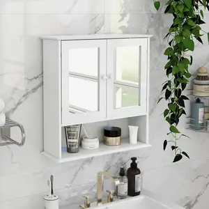 Mirror Cabinet – Wall Mounted Bathroom Medicine Cabinet with Adjustable Shelves, White Shutter Mirror Storage Cabinet for Bathroom, Space Saving Wall Cabinet with Open Shelf for Towels, Modern Vanity Organizer
