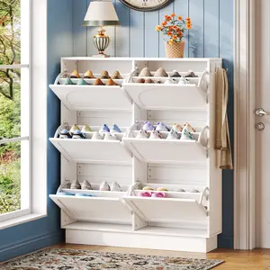 Modern Elegant Narrow Tipping Bucket Shoe Cabinet with 6 Flip Drawers, Space Saving Design, Cream Style Entryway Organizer with Adjustable Shelf, Free-Standing Shoe Rack with 3 Silvery Hooks