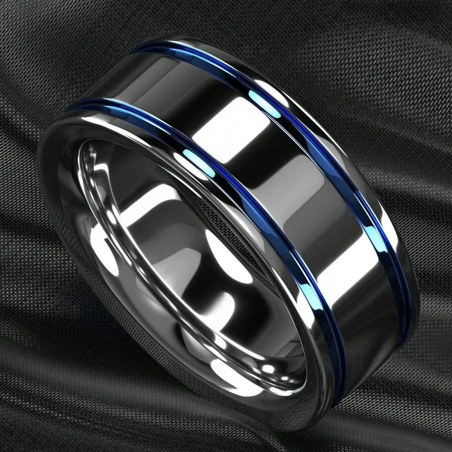 Engagement Jewelry, 8mm SilverTone Stainless Steel Wedding Band With Blue Edge For Men & Women, Couple Promise Tungsten Ring, Daily Wear, Birthday Gift, Valentine Day, Christmas Party, Father's Day