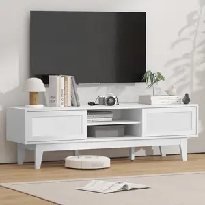 Rattern TV Stand for 65 Inch TV,Mid Century Modern Entainment Center with Rattern Doors,Boho TV Console with Storage Shelf Home Decor