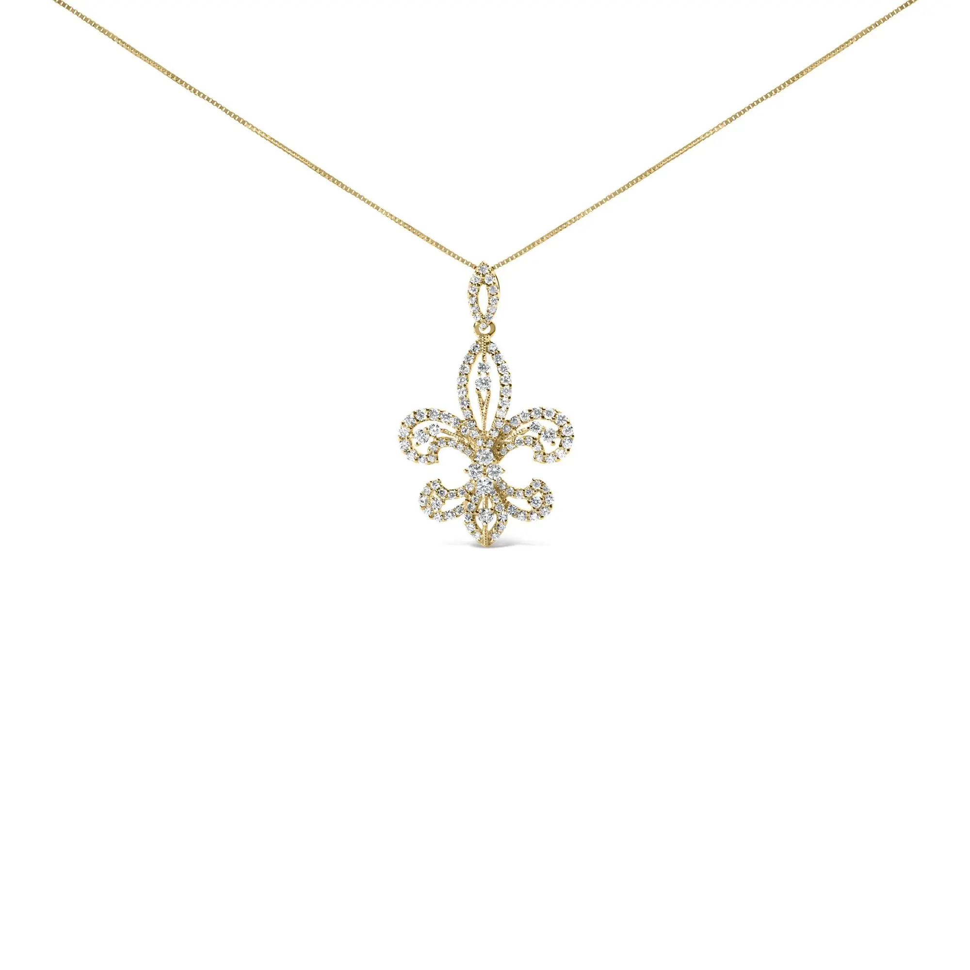 14K Yellow Gold 1.00 Cttw Round Diamond Fleur De Lis 18" Pendant Necklace (H-I Color, SI2-I1 Clarity)