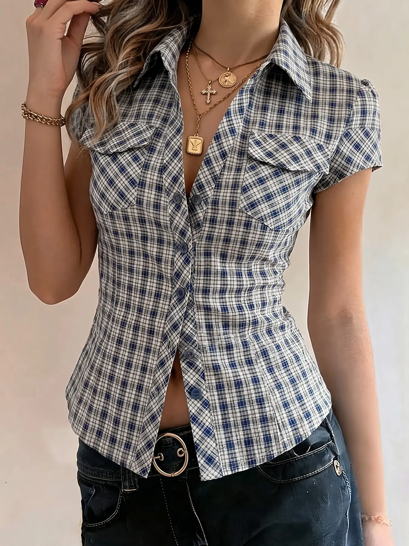 Women's Blue White Plaid Fitted Short Sleeve Button Front Button Down Shirt, Top, Y2K Streetwear Vintage Plaid Cropped Blouse, Summer Casual Breathable Lightweight, For Daily Wear, Office, Date Night, Women's Retro Streetwear #springsaledeals2026 #su