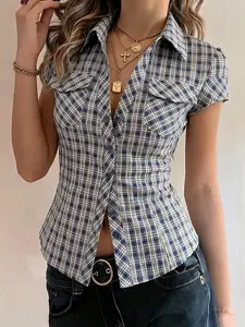 Women's Blue White Plaid Fitted Short Sleeve Button Down Shirt, Y2K Streetwear Vintage Coquette Plaid Cropped Blouse, Summer Casual Breathable Plaid Fitted Button Shirt, For Daily Wear, Office, Date Night, Women's Retro Streetwear #springsaledeals2026 #su