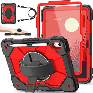 Case for iPad 10th Generation 10.9 Inch (2022) / iPad A16 11 Inch (2025) – Rugged Kids Cover with Screen Protector, Pencil Holder, 360° Rotating Stand & Shoulder Strap, Black Red