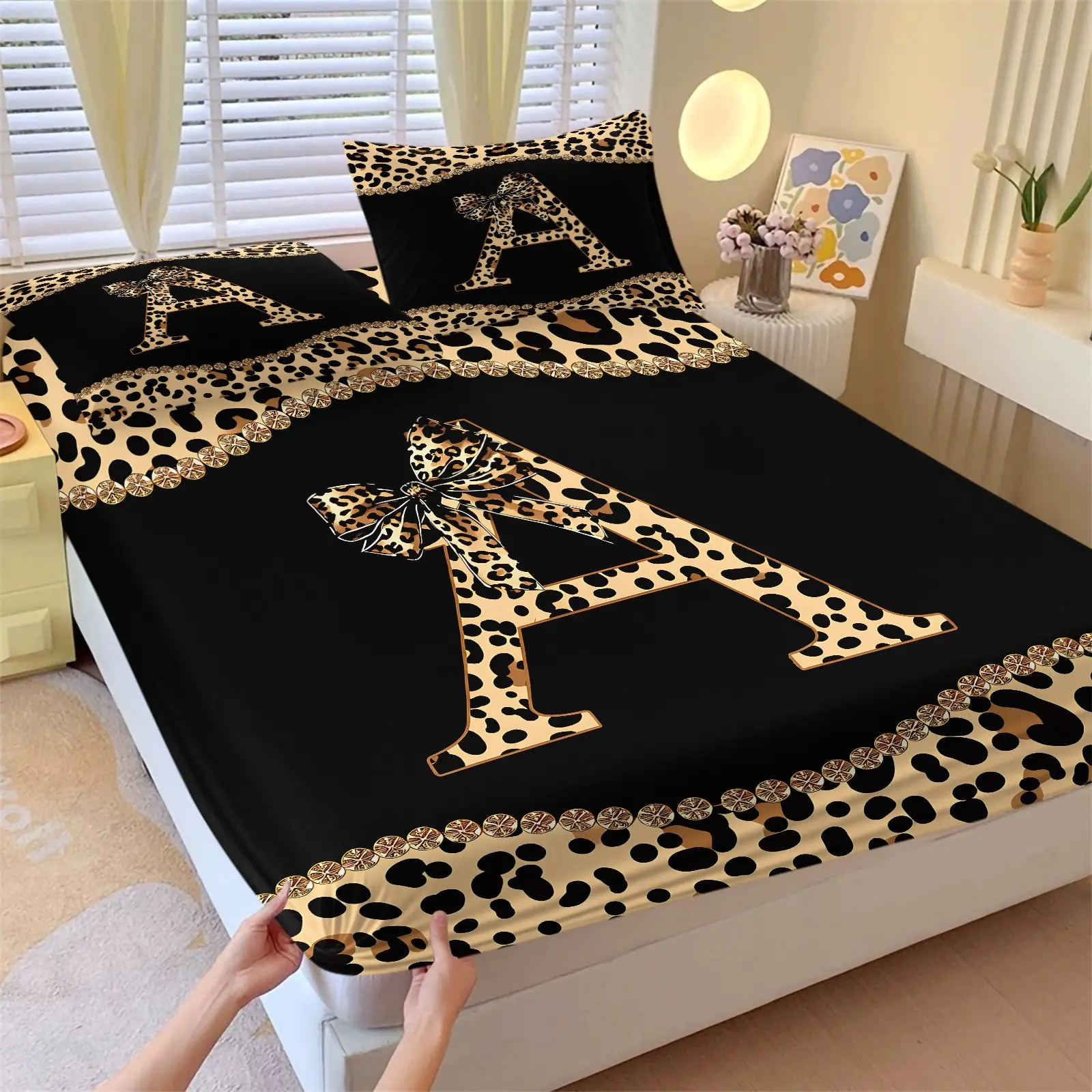 Personalized Initial Letter A Fitted Sheet Set 3 Piece, With 2 Pillow Sham+1 Fitted Sheet, Leopard Print Bow Cheetah Aesthetic, Soft Deep Pocket Design, 360° fully wrapped, for Girls Teens Bedroom Dorm Decor, Perfect Gift for Leopard Lovers