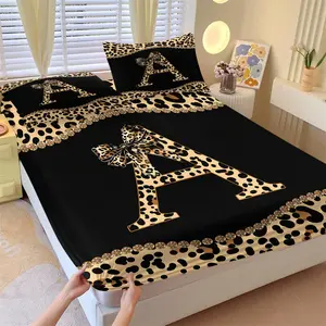 Personalized Initial Letter A Fitted Sheet Set 3 Piece, With 2 Pillow Sham+1 Fitted Sheet, Leopard Print Bow Cheetah Aesthetic, Soft Deep Pocket Design, 360° fully wrapped, for Girls Teens Bedroom Dorm Decor, Perfect Gift for Leopard Lovers