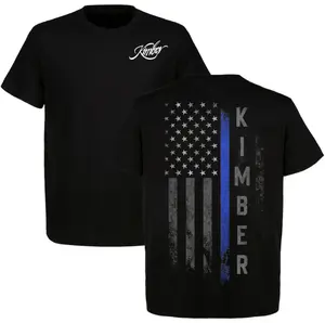 Kimber Thin Blue Line American Flag T-Shirt, Men's Patriotic USA Police Support Graphic Tee, Tactical 2A Gun Shirt, Veteran Gift, Law Enforcement Support, Black Cotton Tee