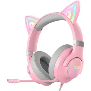 Cat Ear Wired RGB Backlights Gaming Headsets, Over-Ear Gamer Headphones with Surround Sound & Detachable Noise Cancelling Microphone, for PC, PS4, PS5, Xbox One (No Adapter) & Phones (Pink)
