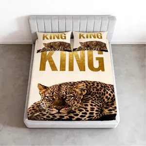 Leopard King Print Fitted Sheet Set 3 Pcs, HD Digital Printed Bed Sheet Set, Soft Breathable Deep Pocket Fitted Sheet, Decorative Bedding for Bedroom (No Insert)
