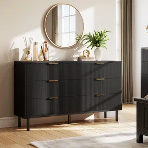 Garvee Wave Fluted 6 Drawer Dresser, 55'' Wide Chest of Drawers with Anti-Tipping Device, Large Wood Nightstand with Storage and Metal Legs for Bedroom, Hallway, Entryway, Small Spaces, Black