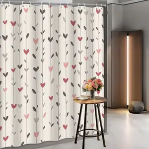 2D Flat 1Pc Red-Brown Heart-Shaped Leaf Branch, Soft Cream Background, Modern Bathroom Decor, Includes 12 Hooks, Machine Washable, Creates a Spa Atmosphere - Elegant Floral Design, Bathroom Accessory and Home SPA Decor, Romantic Aesthetics, Durable Materi