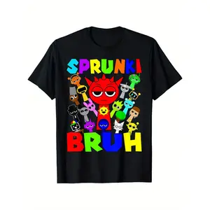 Sprunki Bruh Graphic T-Shirt - Men's Casual Cotton T-Shirt, Featuring Fun Sprunki Game Characters, Black Short Sleeve Crew Neck, Machine Washable, Perfect for Casual Wear