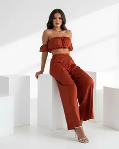 misslulupop Satin Off-Shoulder Puff-Sleeve Crop Top & Pleated Wide-Leg Pants Two-Piece Set for Summer Romantic Style