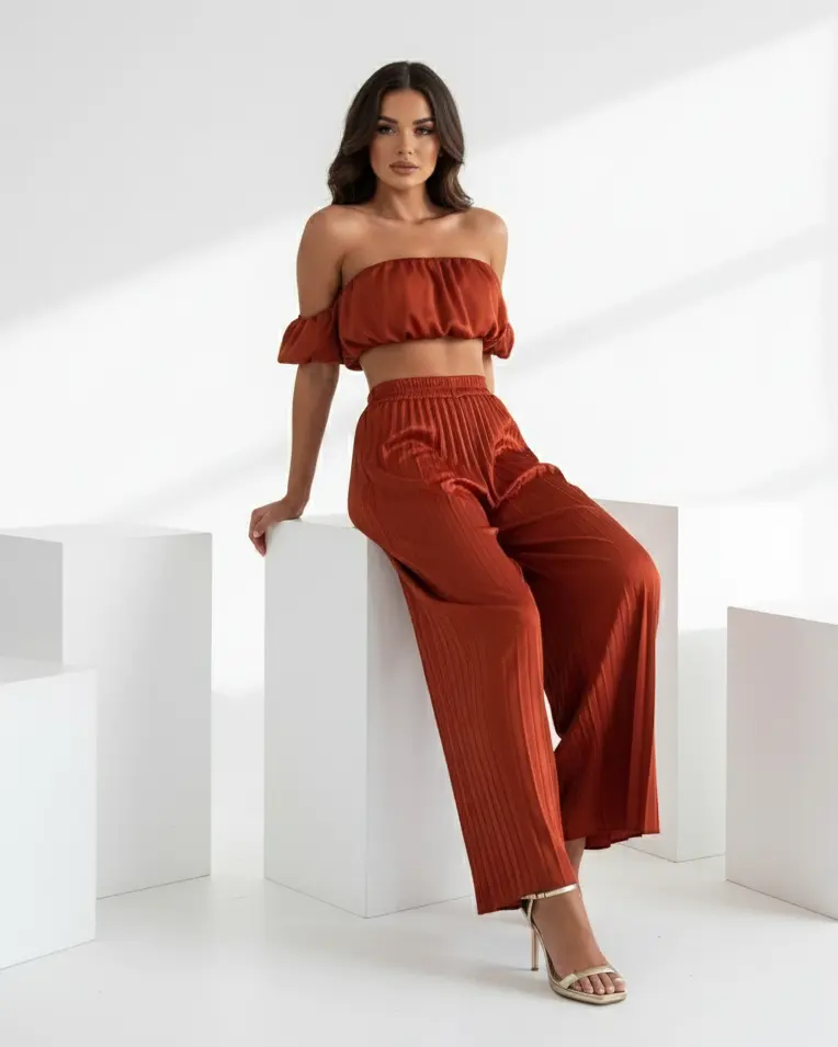 misslulupop Satin Off-Shoulder Puff-Sleeve Crop Top & Pleated Wide-Leg Pants Two-Piece Set for Summer Romantic Style