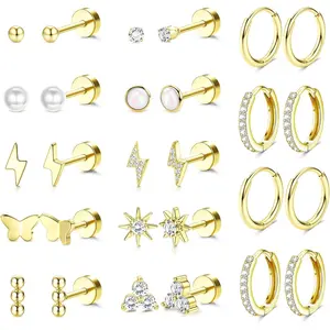 MILACOLATO 14Pairs Flat Back Silver Gold Earrings for Women Set Hypoallergenic Surgical Steel Stud Hoop Cartilage Earring Stack Ear Conch Daith Tragus Helix Piercing Jewellery