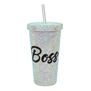17oz Stainless Steel Tumbler with Studded Bling and Boss Message - Bottle, Drinkware Reusable Water Bottles