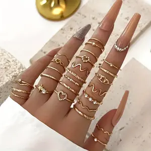28Pcs Set Of Delicate Golden Ring Zinc Alloy Jewelry Elegant Sexy Style For Women Summer Stackable Ring