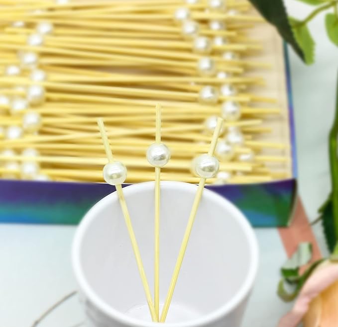 120 PCS White Pearl Cocktail Picks 4.7 Inch Bamboo Toothpicks for Appetizers, Drinks & Elegant Party Food Presentation