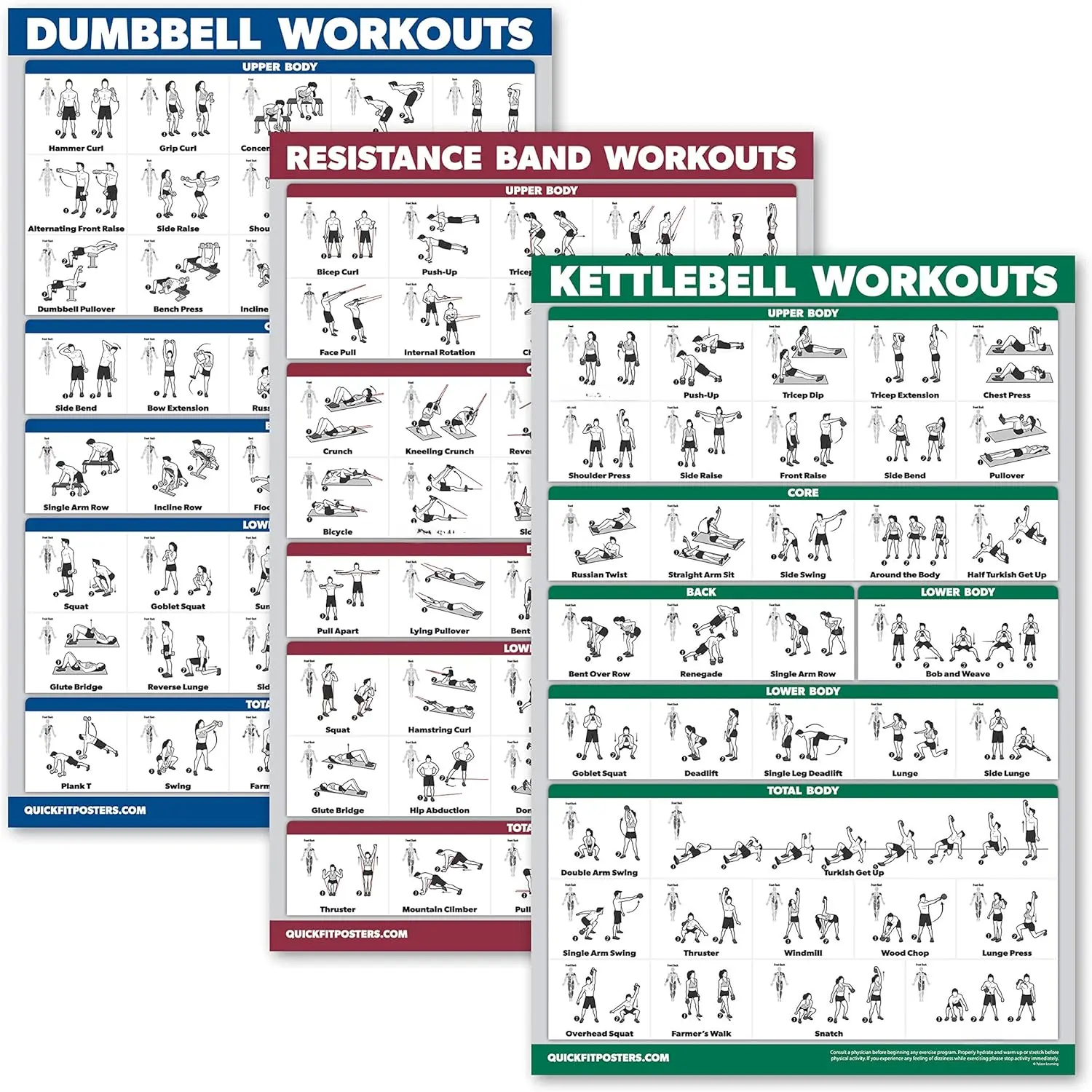 3 Pack: Dumbbell Exercise Poster + Kettlebell Workouts + Resistance Bands Exercises - Set of 3 Workout Charts