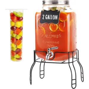 2-Gallon Glass Drink Dispenser with Stand, Large Beverage Dispenser with Leak-Proof Stainless Steel Spigot,  for Lemonade, Iced , Sangria, Punch & Parties