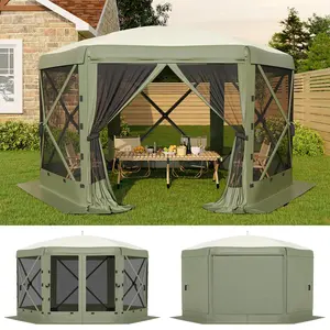 13FT Hexagonal Folding Gazebo – Mosquito Net, Removable Windbreaks, Easy Assembly, Versatile Outdoor Shelter for Garden, Parties, Camping – Colors: Beige, Khaki, Army Green, Grey