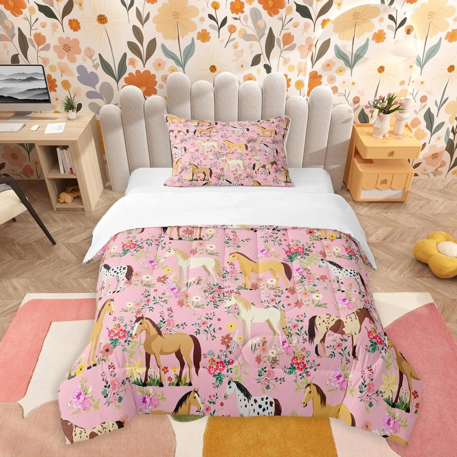 Horse Comforter Set Cute Animal Horses Flowers Comforter Room Decorations Horse Lovers Bedding Farmhouse Pink Duvet Set