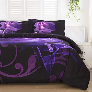 Purple Comforter Set  Reversible Purple Rose   Comforter with 2 Pillowcases for All Seasons, Soft Microfiber Filling  Set 90"x90"