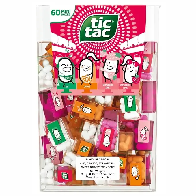 Tic Tac Travels Vegetarian Mixed Fruit Candies Bundle Box (234g) - 60 Small Packs, Sweet, Sour, Mint, Orange, Strawberry Flavors, Travel-Friendly Snack, Easter Basket Stocking Stuffers Gift
