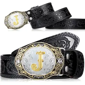 Mens Cowboy Belt with Buckles Western Initial Leather Belts for Men with Letters for Jeans Women Cowgirl Rodeo
