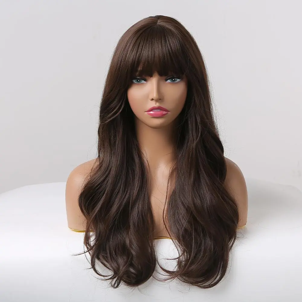 Matilda-DWY Long-length Wave Natural Brown with Bangs Glueless Synthetic Wig for Women 26 Inches