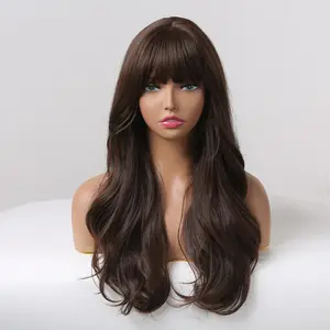 Matilda-DWY Long-length Wave Natural Brown with Bangs Glueless Synthetic Wig for Women 26 Inches