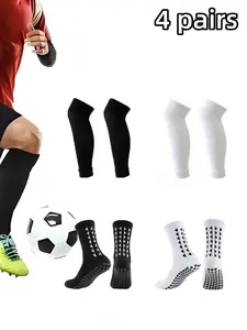 4 Pairs Unisex Sports Socks, Anti-Slip Glue Football Socks, Comfortable Durable High Elasticity Leg Sleeves, All Seasons Sporty Style, Soccer Socks