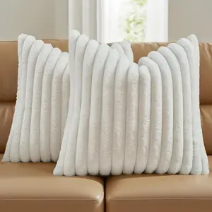 Pack of 2 Solid Faux Fur Plush Throw Pillow Covers 18x18 Inch Soft Fluffy Striped Decorative Cushion Cases Modern Farmhouse Accent for Couch Bed Living Room, Cream White